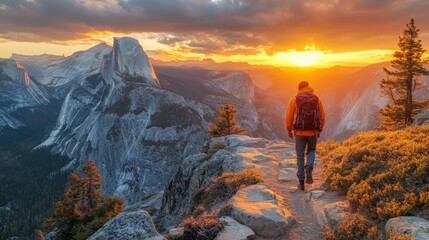 A lone hiker walks along a rocky trail, admiring the stunning sunset that casts warm hues over Half Dome and the surrounding peaks of Yosemite National Park.