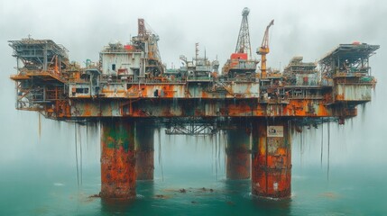 Fototapeta premium Rusty Oil Rig Platform in Foggy Sea