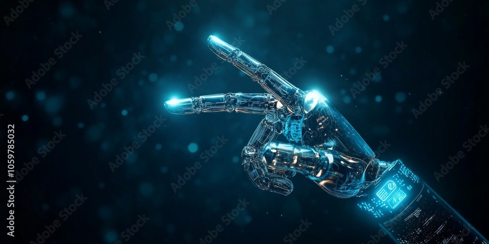Poster a sleek and glowing robotic hand gestures in mid-air, highlighting advanced robotics technology with