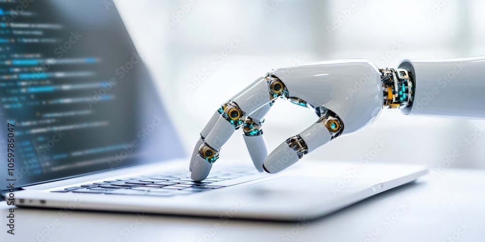 Poster a robotic hand gracefully typing on a laptop keyboard, symbolizing the integration of human-like rob