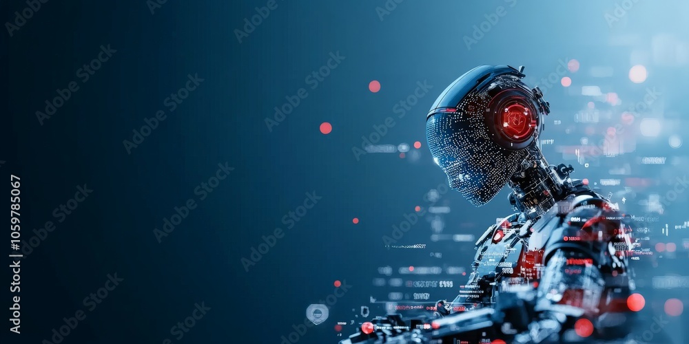 Poster a futuristic humanoid robot with digital elements is surrounded by a virtual environment representin