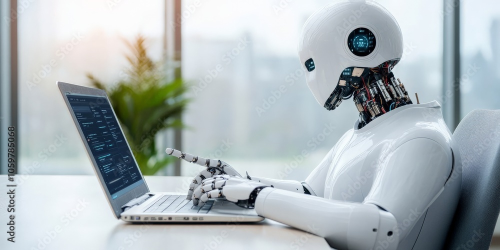 Poster an advanced robot sits at a desk with a laptop, showcasing seamless interaction and the integration 