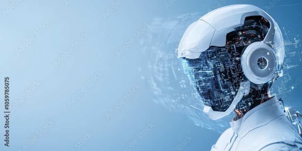 Poster a sleek futuristic robot with a unique headgear displays an advanced digital interface, symbolizing 
