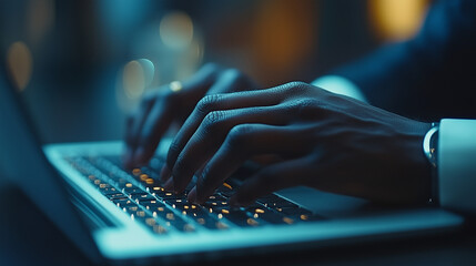 Close-up of hands typing on a sleek laptop, modern office setting.