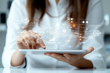 World map and statistics visualizations displayed on a digital touch tablet, demonstrating global connectivity and access to worldwide data sources.
