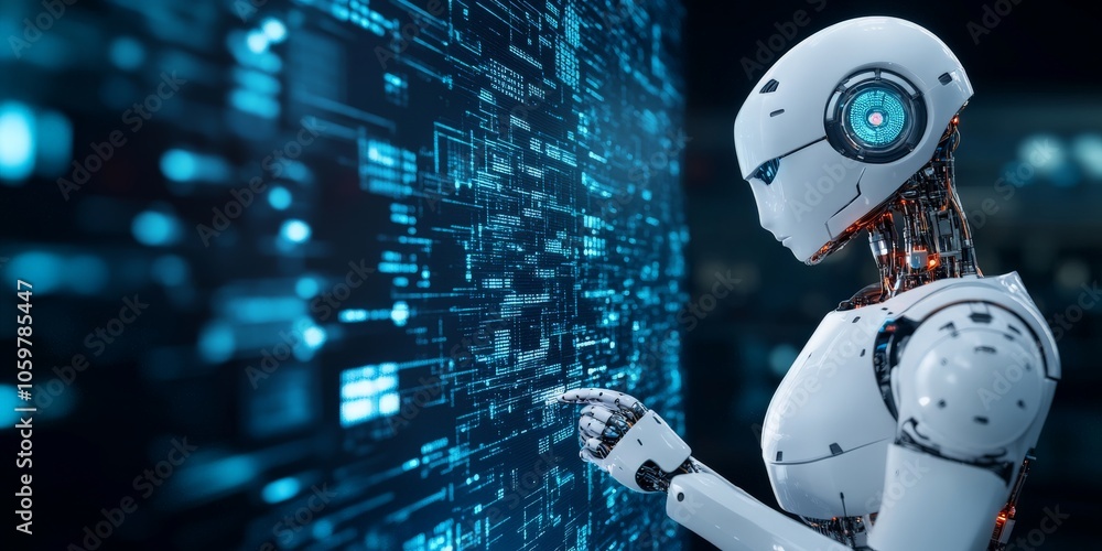 Poster a futuristic ai robot interacts with a digital interface, showcasing the integration of technology a
