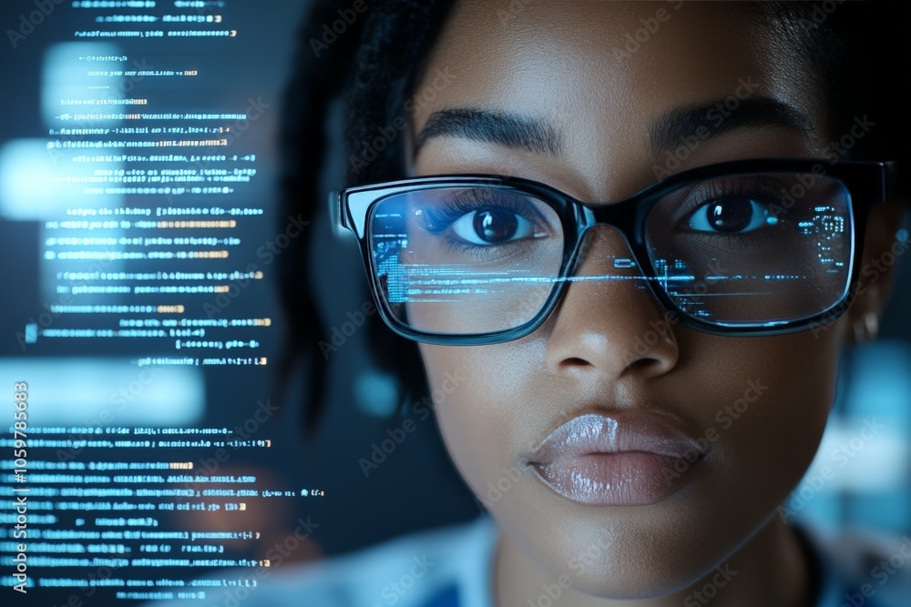Poster a programmer deeply focused, with code vividly reflected in their glasses, depicting intense concent