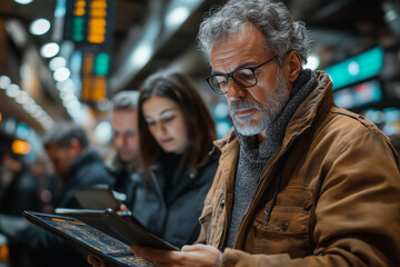 Obraz premium Businesspeople gathered around a tablet, analyzing stock market data.