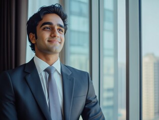 Fototapeta premium Business Professional in Suit Standing in Office with Cityscape View
