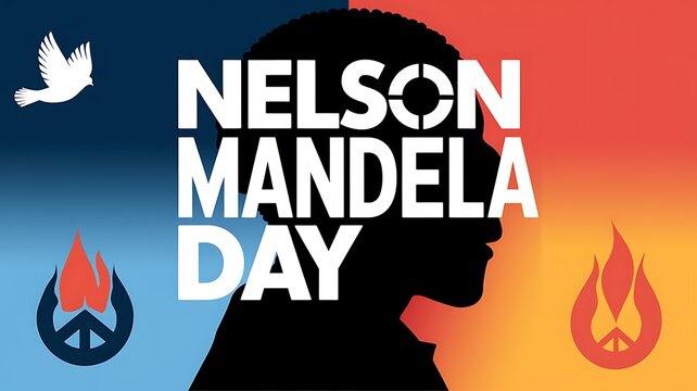 Silhouette of Nelson Mandela with Peace and Flame Symbols, Text "Nelson Mandela Day"