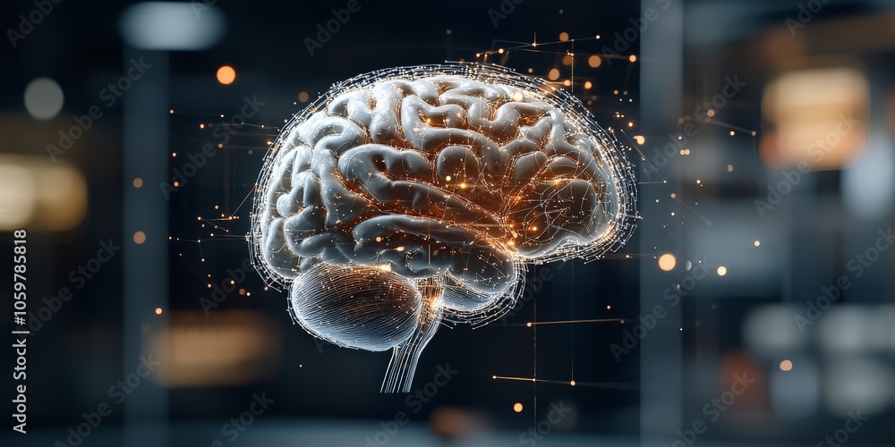 Poster this image illustrates a human-like brain with luminous elements, showcasing concepts of futuristic 