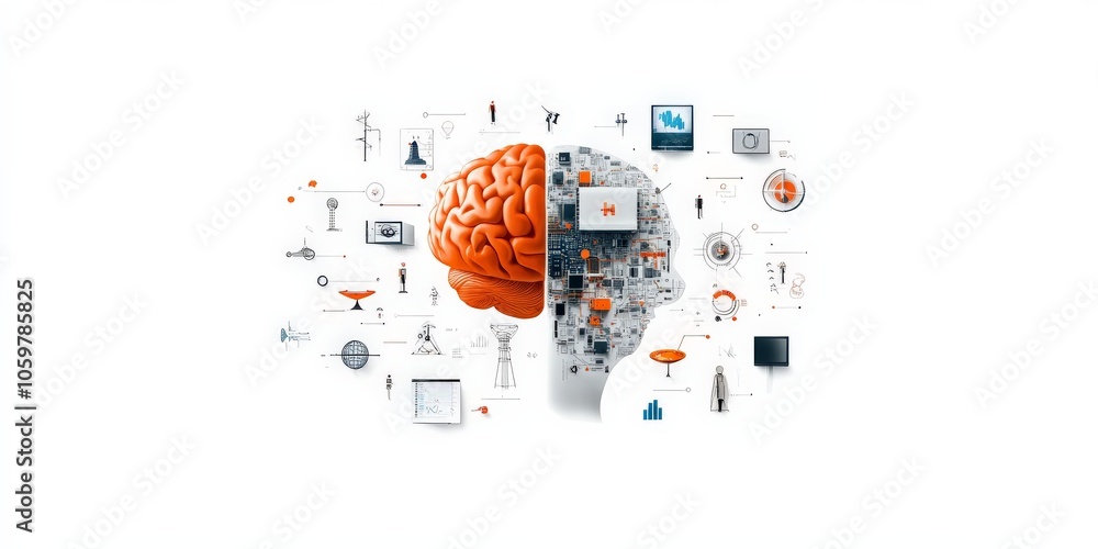 Poster an intricate image showing the fusion of human brain with technological networks, symbolizing the in
