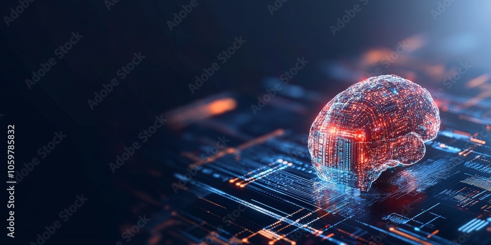 Poster the image depicts a digital brain resting on an intricate circuit board, emitting a soft glow, symbo