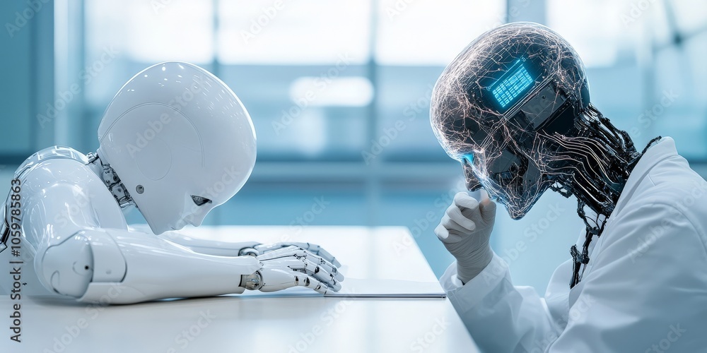 Poster two ai robots appear to ponder deeply over a document on a desk reflecting a futuristic portrayal of