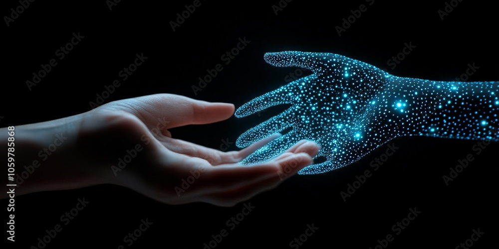 Aufkleber a glowing digital hand composed of interconnected illuminated points represents technological advanc