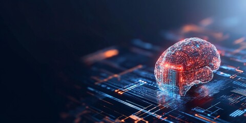 The image depicts a digital brain resting on an intricate circuit board, emitting a soft glow, symbolizing the power of computational artificial intelligence.