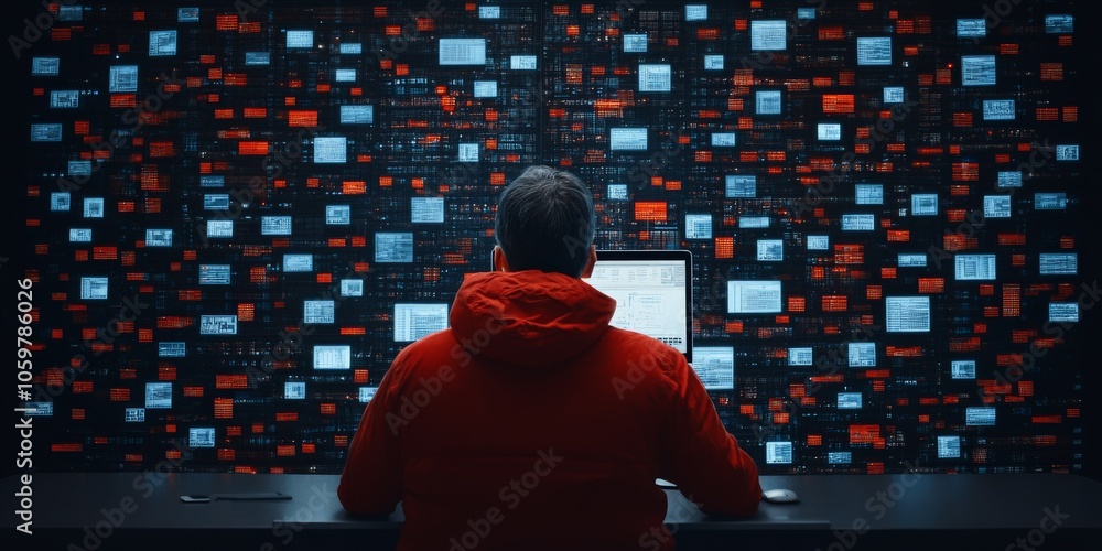 Poster a person in a red jacket examines multiple digital screens filled with data and graphs, signifying a
