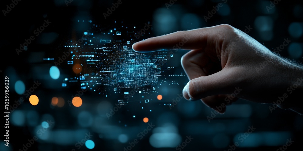 Poster a human hand points towards a floating digital cluster of blue lights, illustrating the connection b