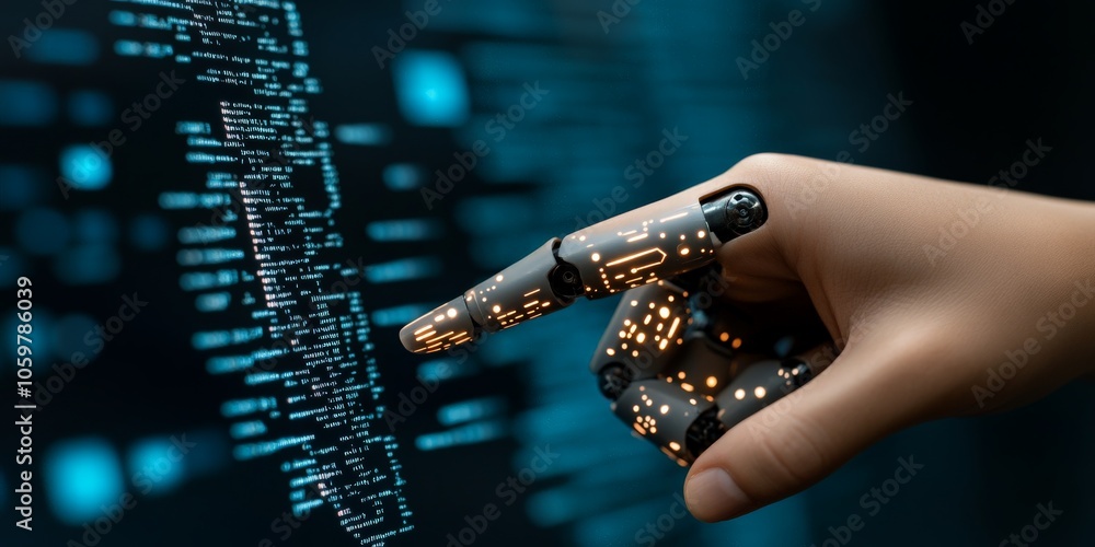 Poster a robotic hand touches an illuminated digital interface, emphasizing the integration of artificial i