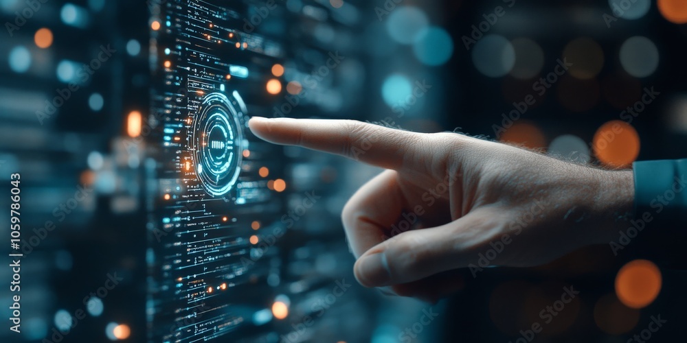 Poster a human hand touches a digital spiral symbol on a blue technological interface, signifying interacti