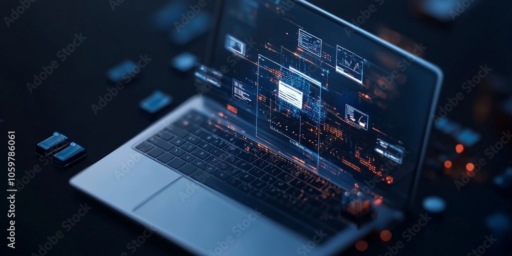 Poster a laptop screen showing intricate security interfaces and digital graphics, highlighting the blend o