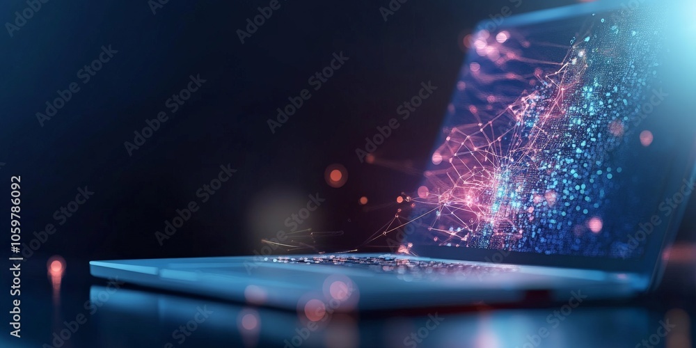 Poster a laptop open with colorful abstract digital visualizations, representing the intersection of techno