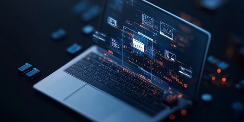 A laptop screen showing intricate security interfaces and digital graphics, highlighting the blend of advanced technology and online security in today's digital age.