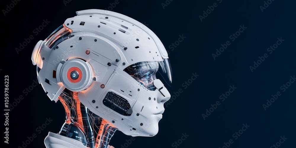 Poster an elegant robotic head design showcasing high-tech circuits, representing the integration of techno