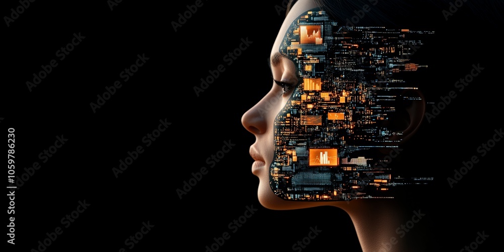 Poster a digital and futuristic depiction of a human face blending with circuit-like patterns, symbolizing 