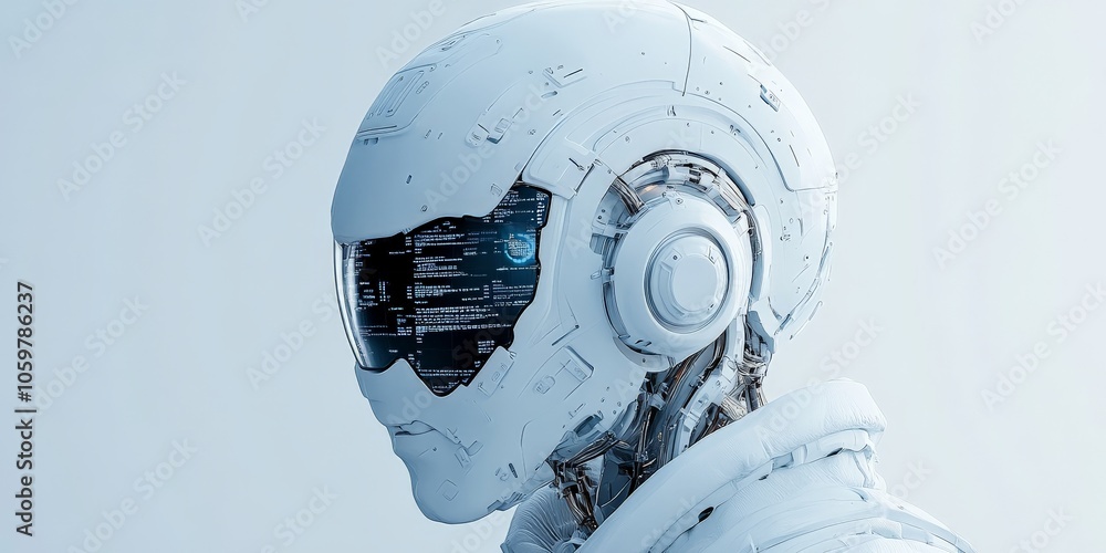 Poster a sleek robotic head with a digital display, showcasing high-tech features and futuristic design rep