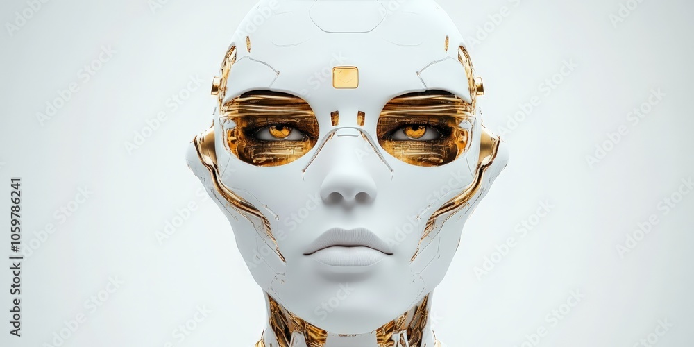 Poster a striking front-facing robotic head with bold geometric patterns and expressive eyes, conveying str