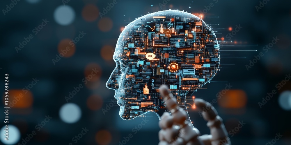 Poster a conceptual visualization of a digital brain interconnected with a robotic hand, representing the s