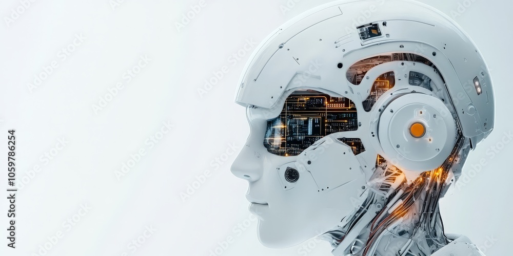Poster a detailed side view of a humanoid robot with visible circuitry and mechanical features, symbolizing