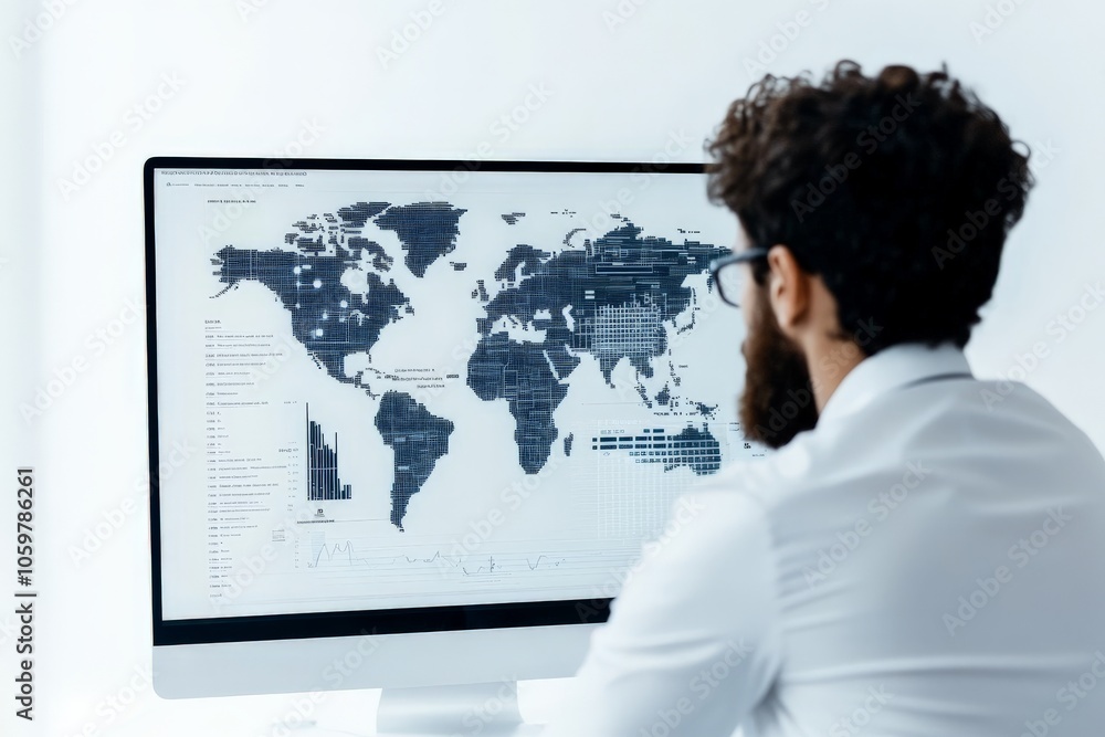 Poster a man intently views a high-resolution digital world map on a computer screen, symbolizing global co