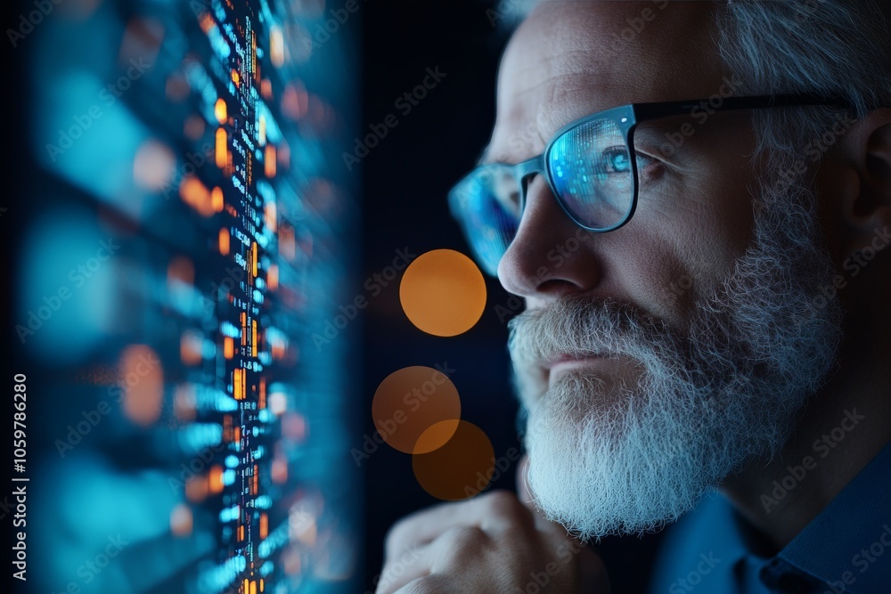 Poster a focused man with glasses analyzing data on a digital screen, highlighting themes of intelligence, 