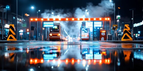 Fototapeta premium A vibrant nighttime urban scene featuring bright neon lights and reflections on wet pavement, capturing the essence of a bustling city environment.