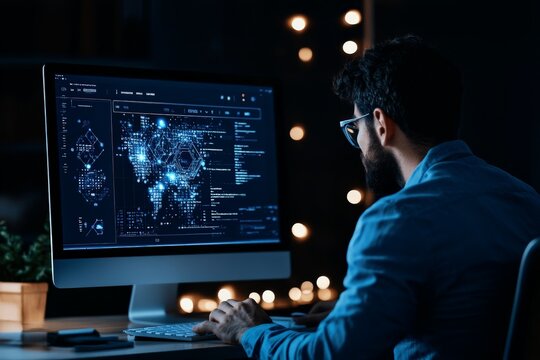 A man viewing intricate network and data visualizations on a large screen, symbolizing complex analysis, strategy, and technological proficiency in the modern era.