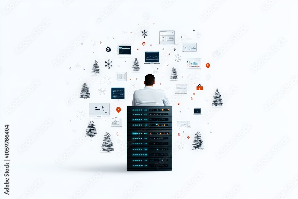 Poster a person sits with their back to the camera, in front of digital graphics and a server, symbolizing 