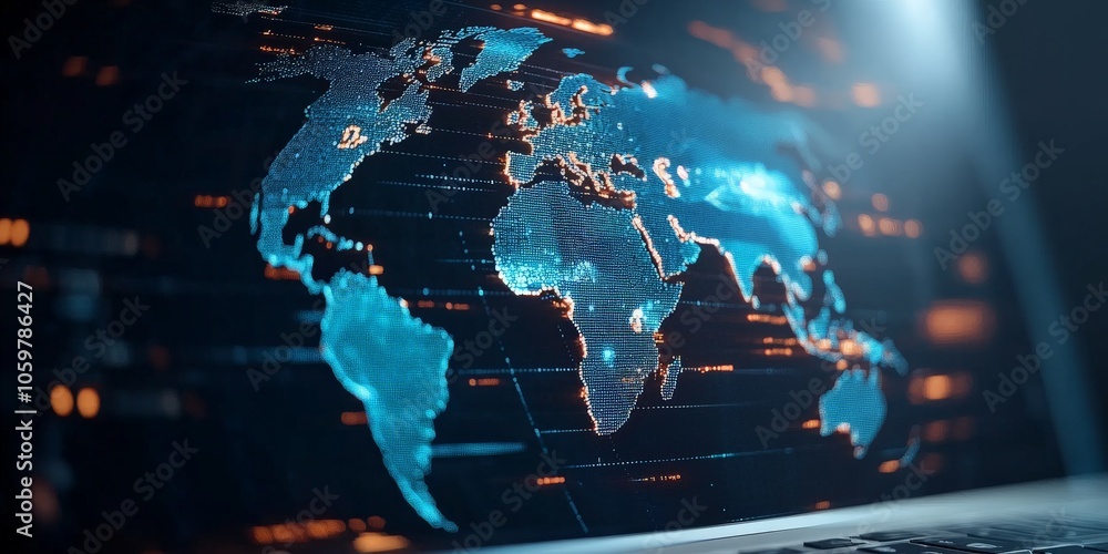 Poster a digital map displaying a glowing network of continents, illustrating global connectivity and techn