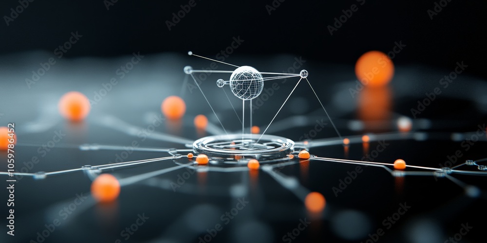 Poster an abstract representation of a network node, featuring interconnected glowing orange spheres, symbo