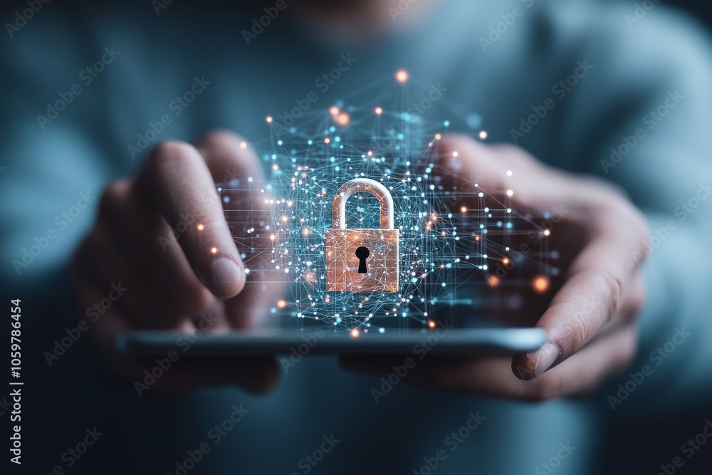 Poster an image illustrating digital security and encryption concepts, featuring a padlock icon surrounded 
