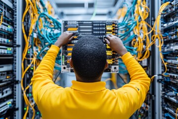 A technician wearing a yellow shirt manages colorful network cables in a server room, emphasizing the complexity and necessity of IT maintenance.