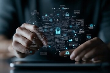 An image showing hands interacting with a complex digital security network, highlighting cybersecurity, information processing, and data protection in modern technology.