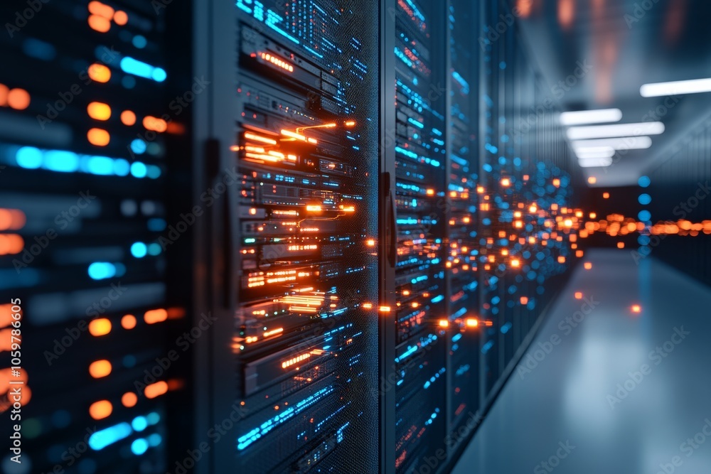 Poster a close-up view of server racks illuminated by vibrant lights, representing the power and energy of 