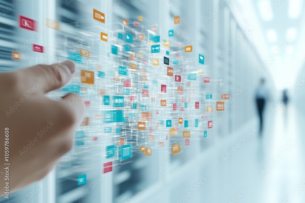 Poster a digital visualization of data interconnected in a server room, embodying the flow and management o