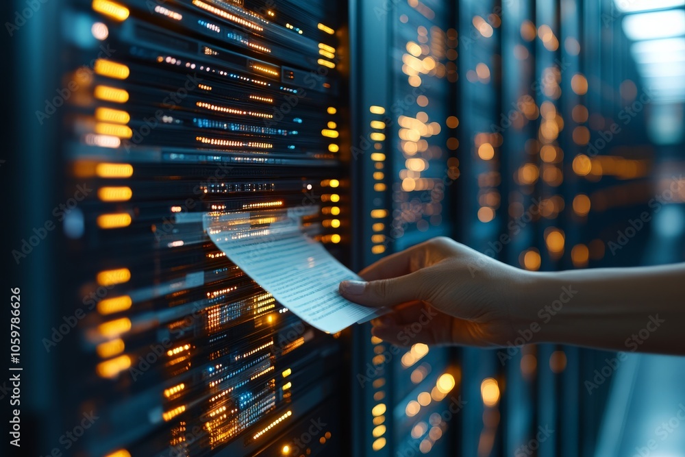 Poster a hand reaches out to a server rack interface, symbolizing human interaction with technology, contro