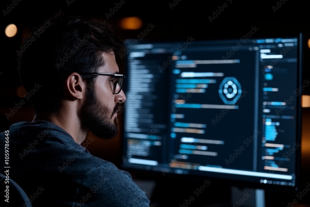 Poster a dedicated programmer working late night on codes displayed on a dark screen, illustrating focus an