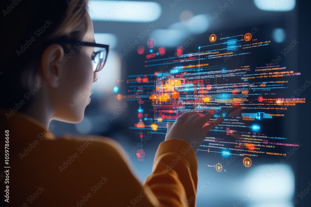 Poster a woman interacting with a colorful holographic data display, indicating innovation and the heighten