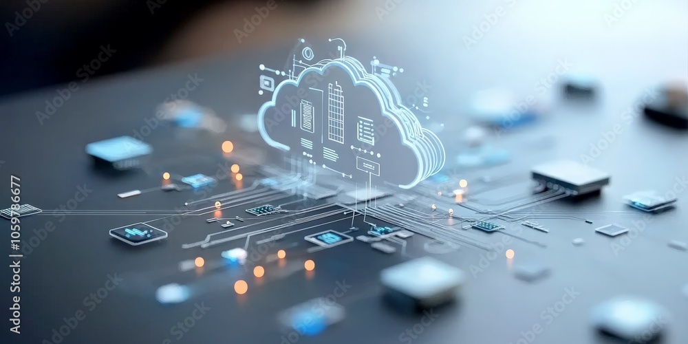 Poster a visual portrayal of cloud computing with a digital cloud icon linked to circuit designs, symbolizi