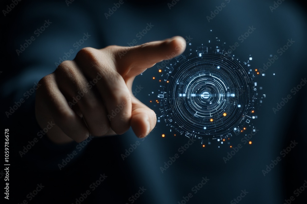 Poster a hand extends to touch a virtual digital interface, featuring concentric circles and multiple nodes